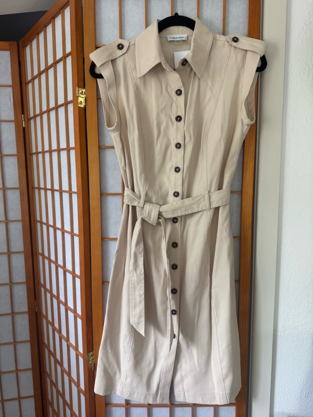 Calvin Klein Sleeveless Beige Shirt Dress with Tie Belt